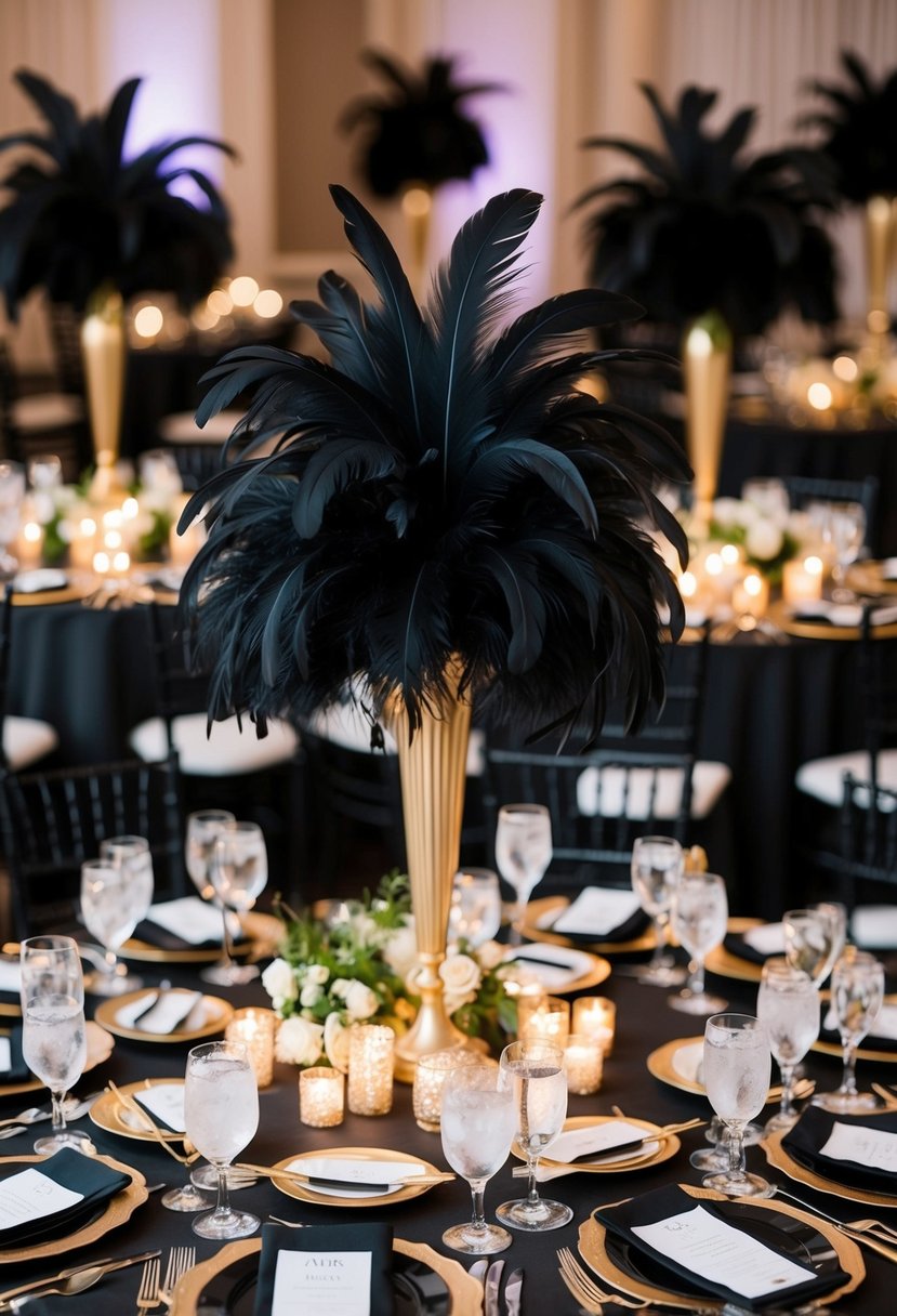 Feather centerpieces in black and gold, evoking a Gatsby theme, adorn the elegant tables at a lavish wedding reception