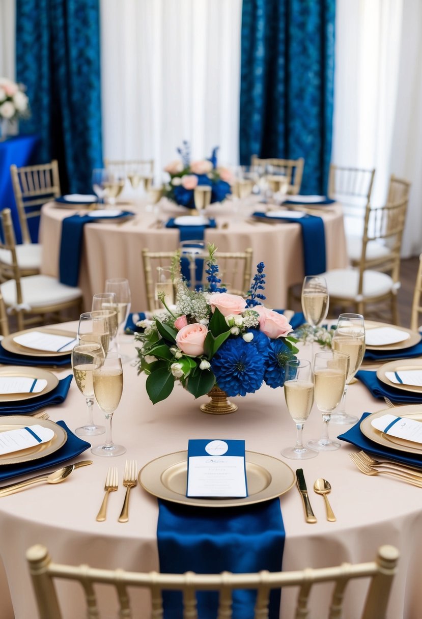 A wedding table set with champagne and navy accents, featuring blue and pink floral centerpieces and elegant place settings