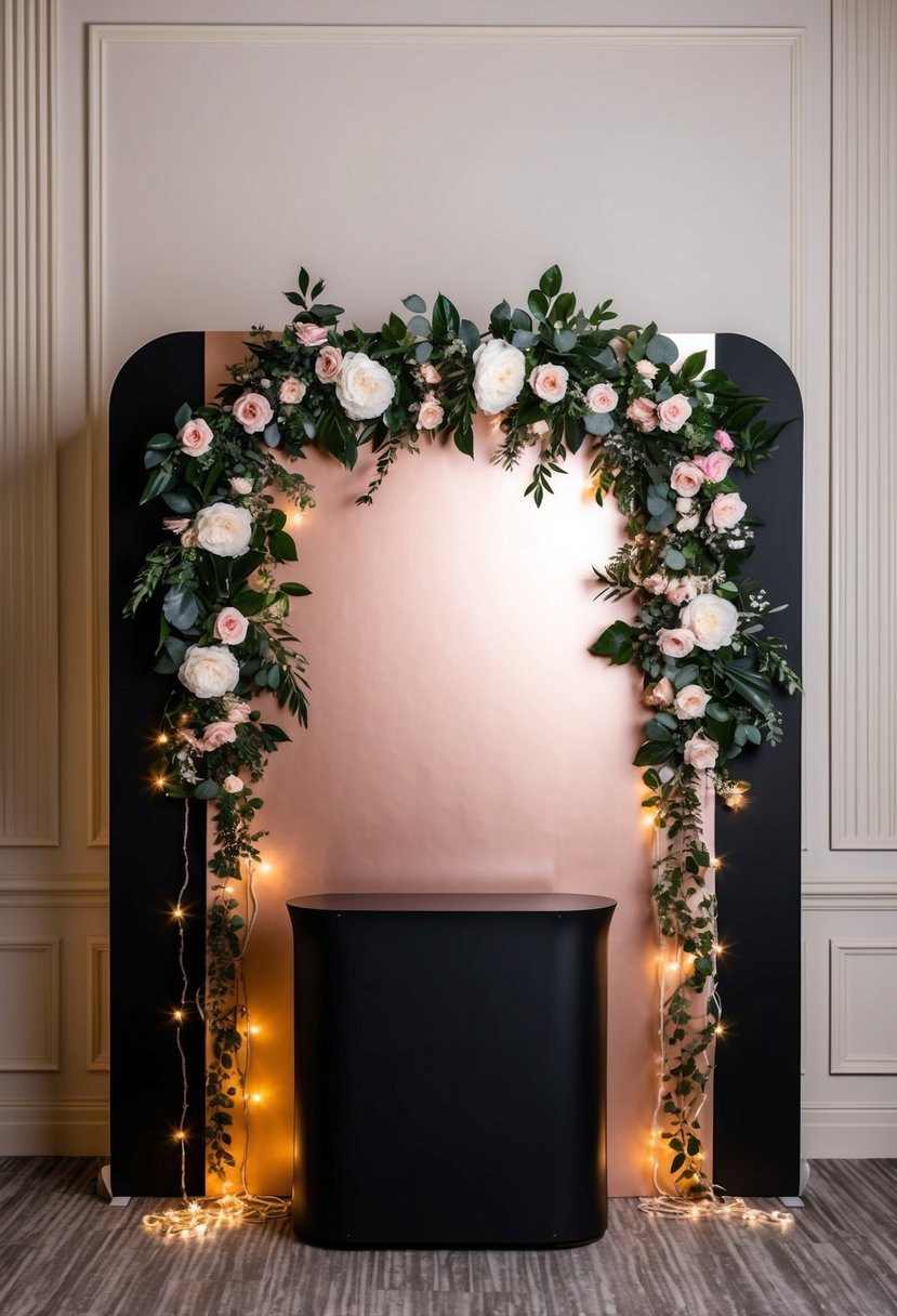 A sleek black and rose gold photo booth backdrop adorned with elegant floral accents and twinkling fairy lights