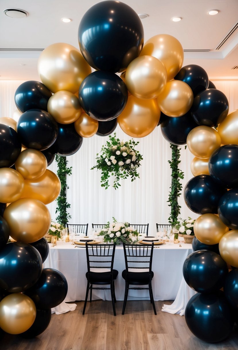 Black and gold balloon arches frame a luxurious wedding setting