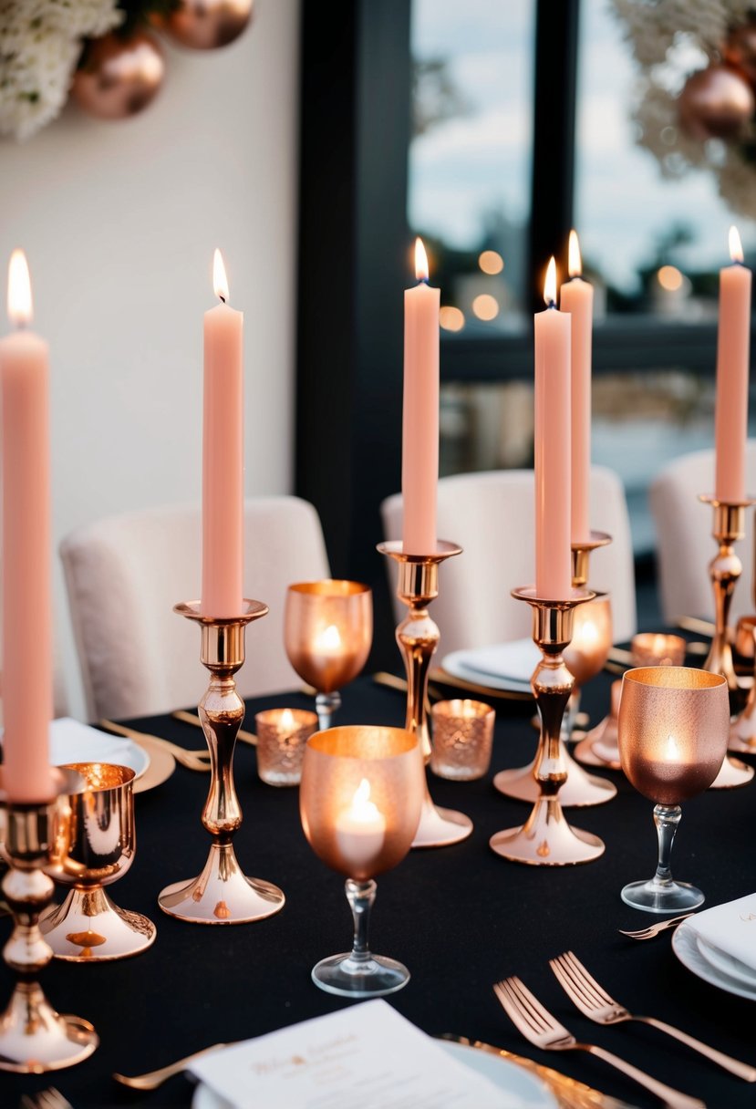 Rose gold candle holders arranged on a black table, surrounded by rose gold wedding decor and accents