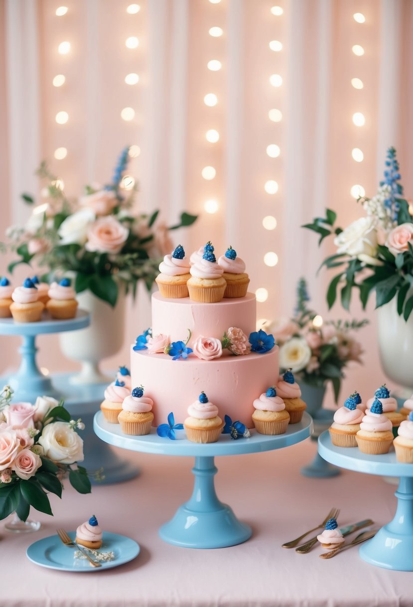 A blush pink and blue dessert table adorned with delicate pastries and floral arrangements, set against a backdrop of soft, romantic lighting