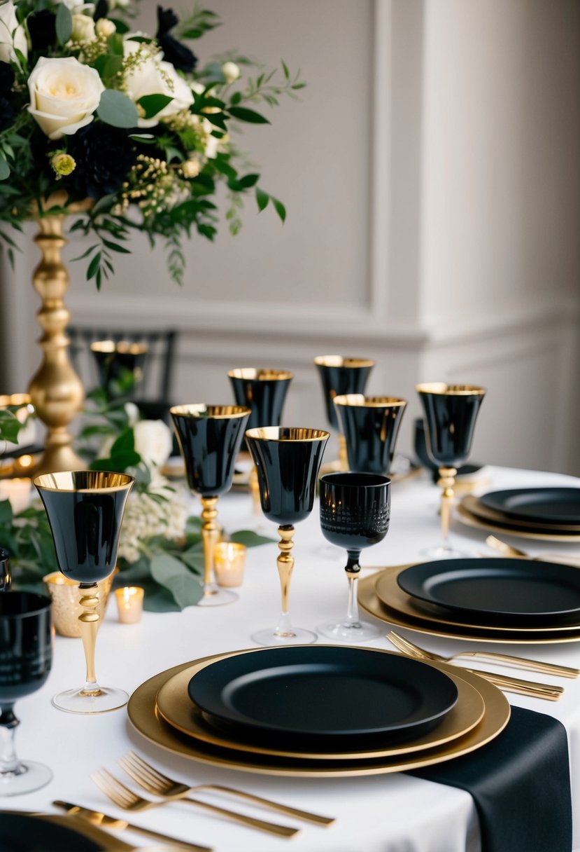 Gold-rimmed black glassware arranged on a table with gold accents and black linens, creating a luxurious and elegant wedding color scheme