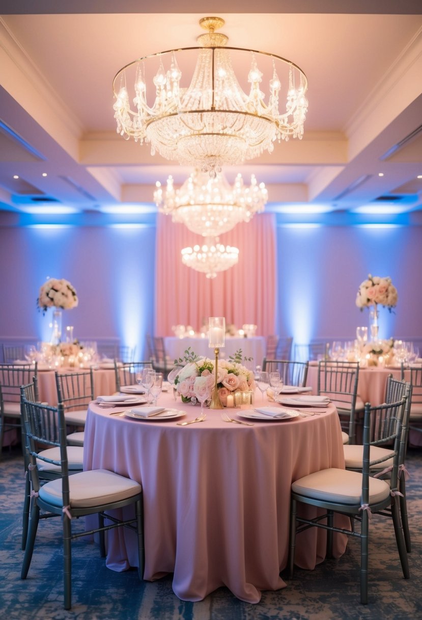 The venue is bathed in a soft blush pink and blue lighting, creating a romantic and dreamy atmosphere for a wedding