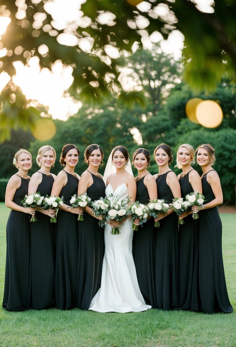 A group of black bridesmaid dresses with gold accents arranged in a wedding setting