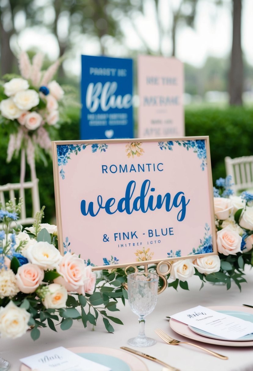 A romantic wedding setting with blush pink and blue signage, incorporating the colors into the decor and floral arrangements