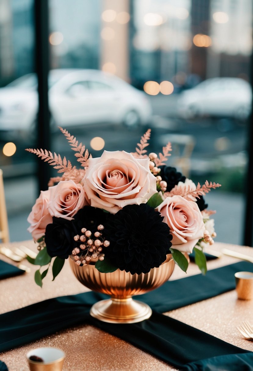 A rose gold and black floral centerpiece on a gold and black tablecloth