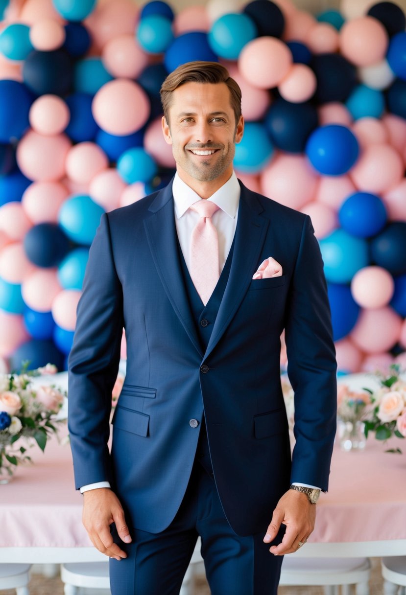 A navy suit with a pink tie and pocket square, set against a backdrop of blue and pink wedding decor