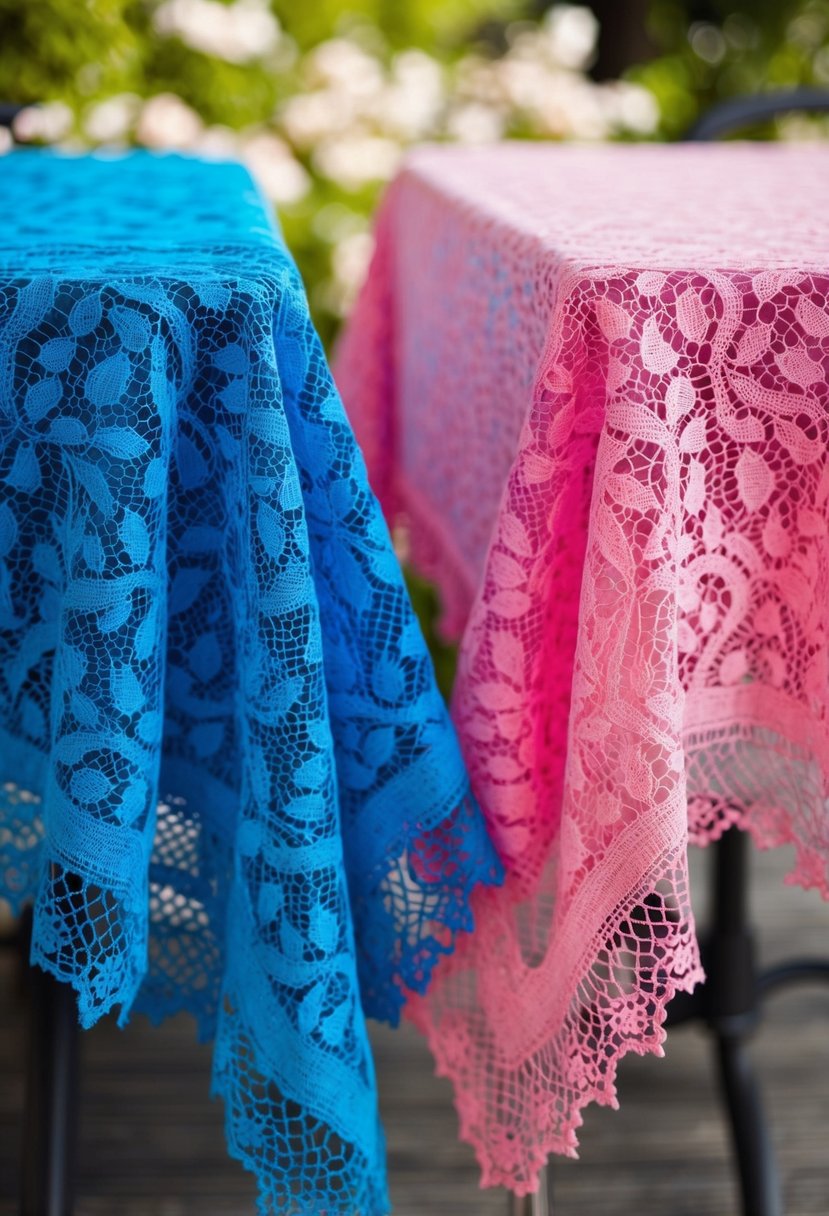 Two lace tablecloths, one blue and one pink, draped over a table. The colors are vibrant and the lace is delicate, creating a romantic and elegant atmosphere