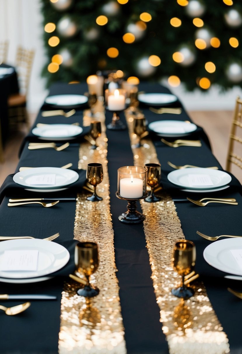 Black linens with gold sequin table runners