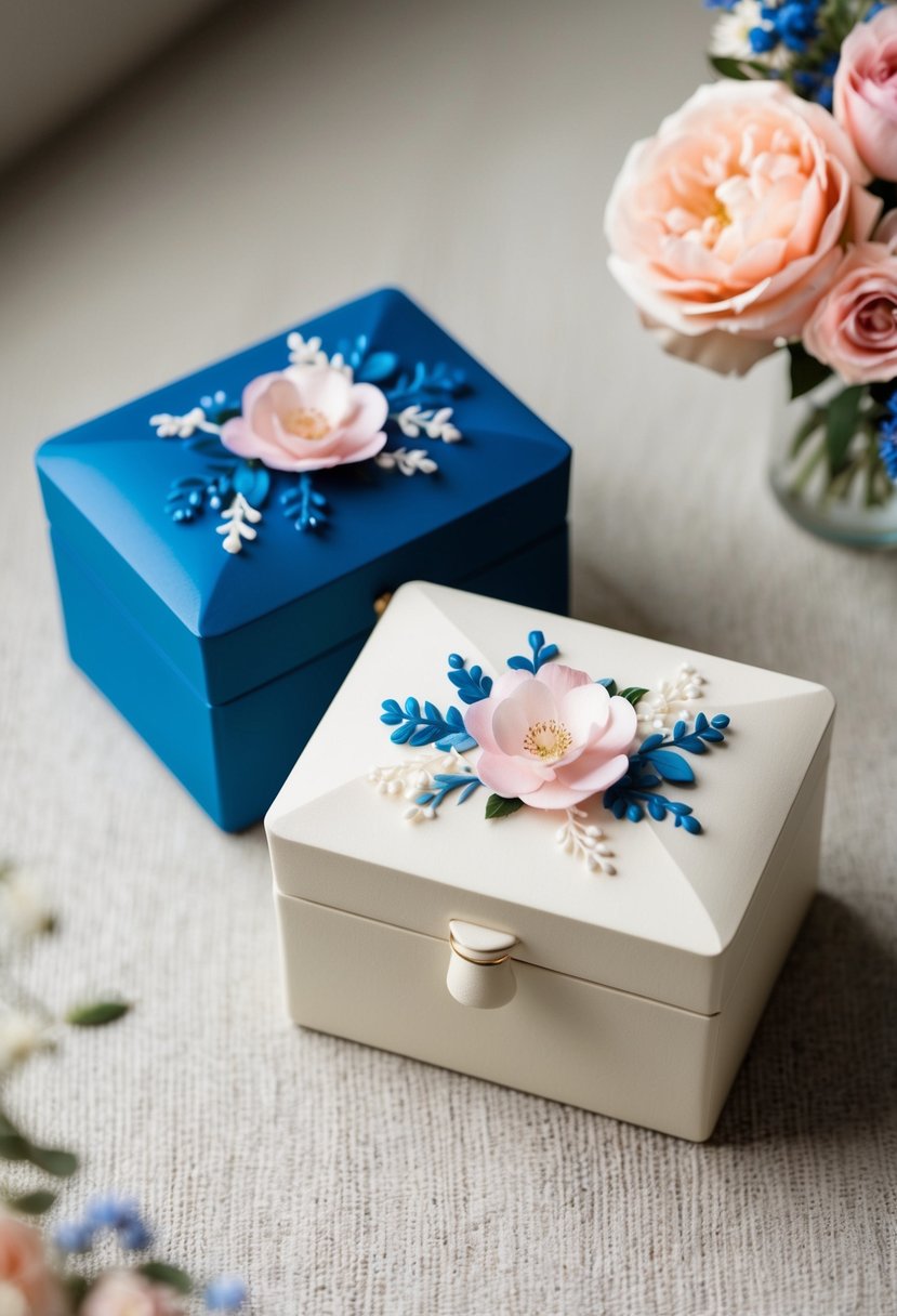 Two elegant keepsake boxes, one ivory and one blue, adorned with delicate pink and blue floral designs, symbolizing wedding color ideas