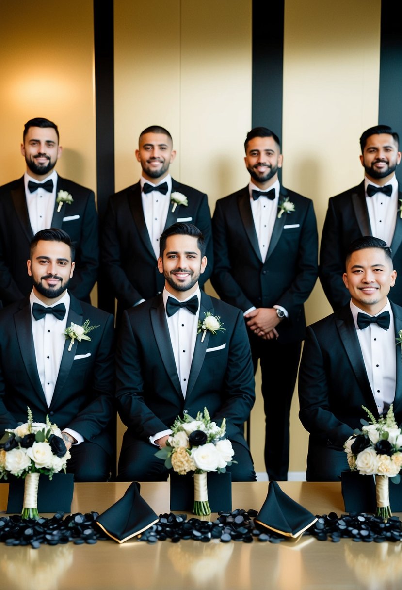 Black tuxedos with gold boutonnières arranged on a sleek black and gold wedding color palette