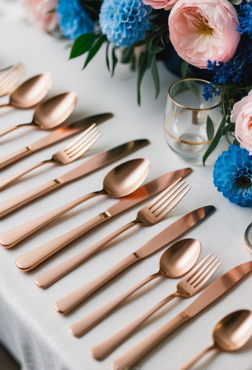 Rose gold and blush cutlery arranged on a table, surrounded by blue and pink floral decorations