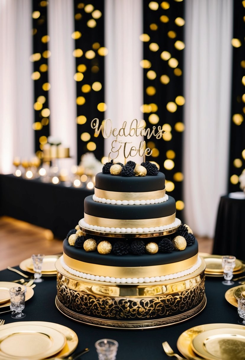 A luxurious dessert table adorned with black and gold decor, set up for a glamorous wedding celebration