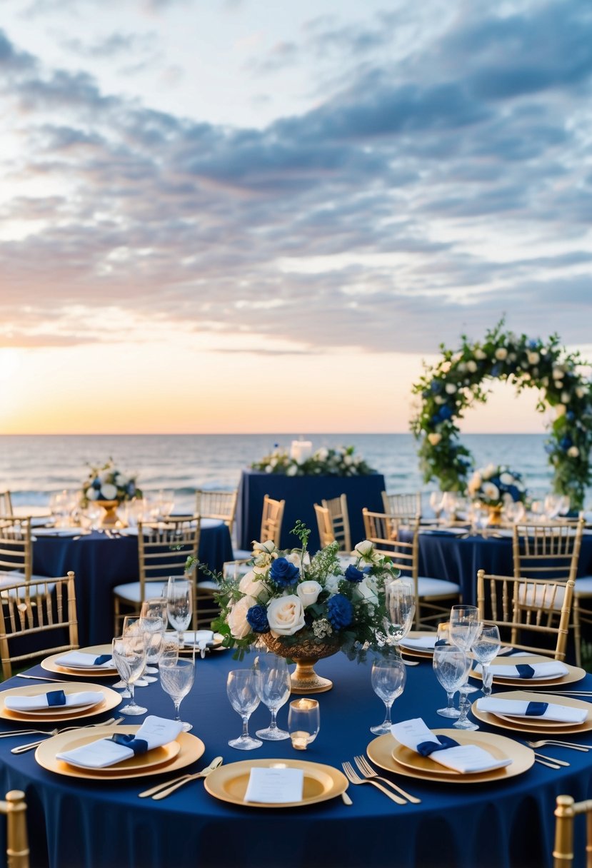 A navy blue and gold wedding color scheme with elegant table settings and floral arrangements, set against a backdrop of a sunset over the ocean