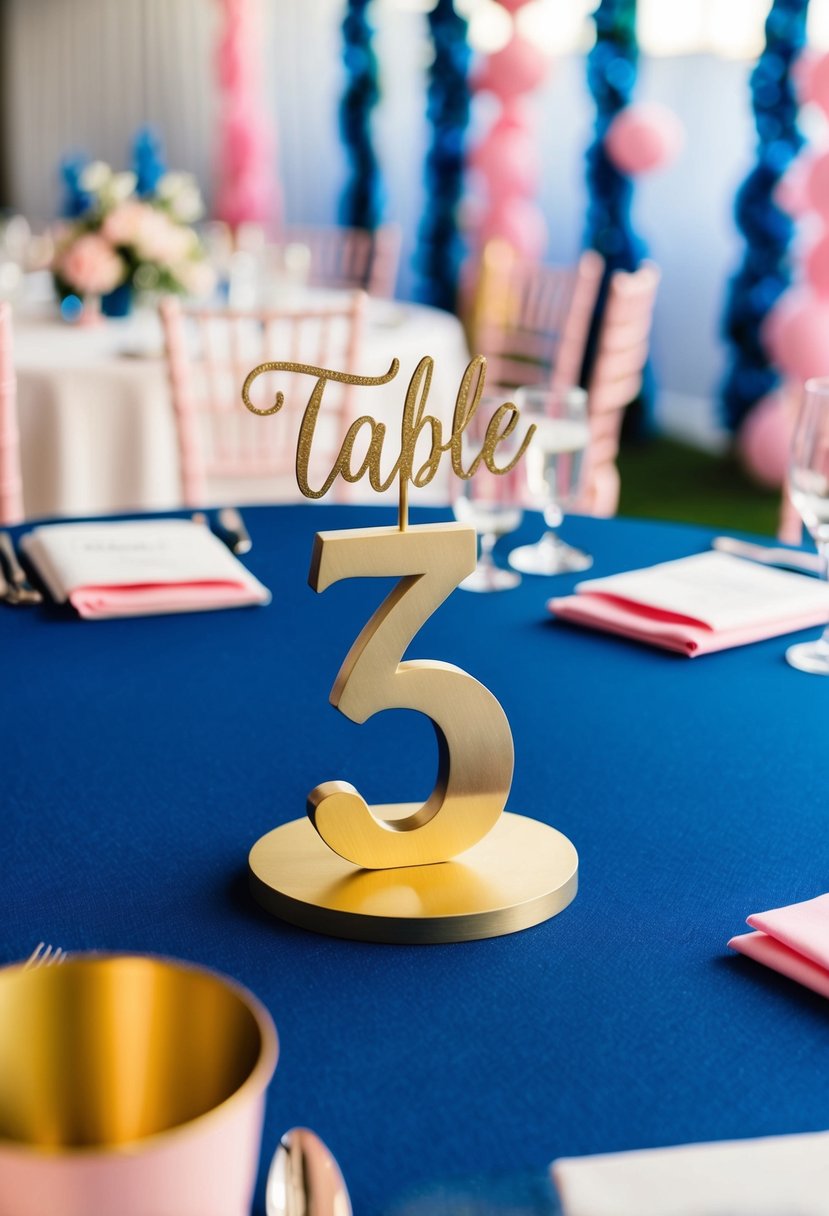 A gold table number sits on a blue tablecloth, surrounded by pink and blue wedding decorations