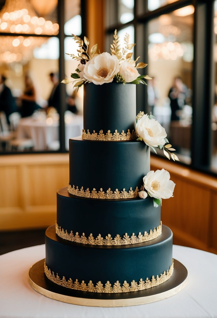 A tiered black wedding cake with gold embossed details and gold floral accents