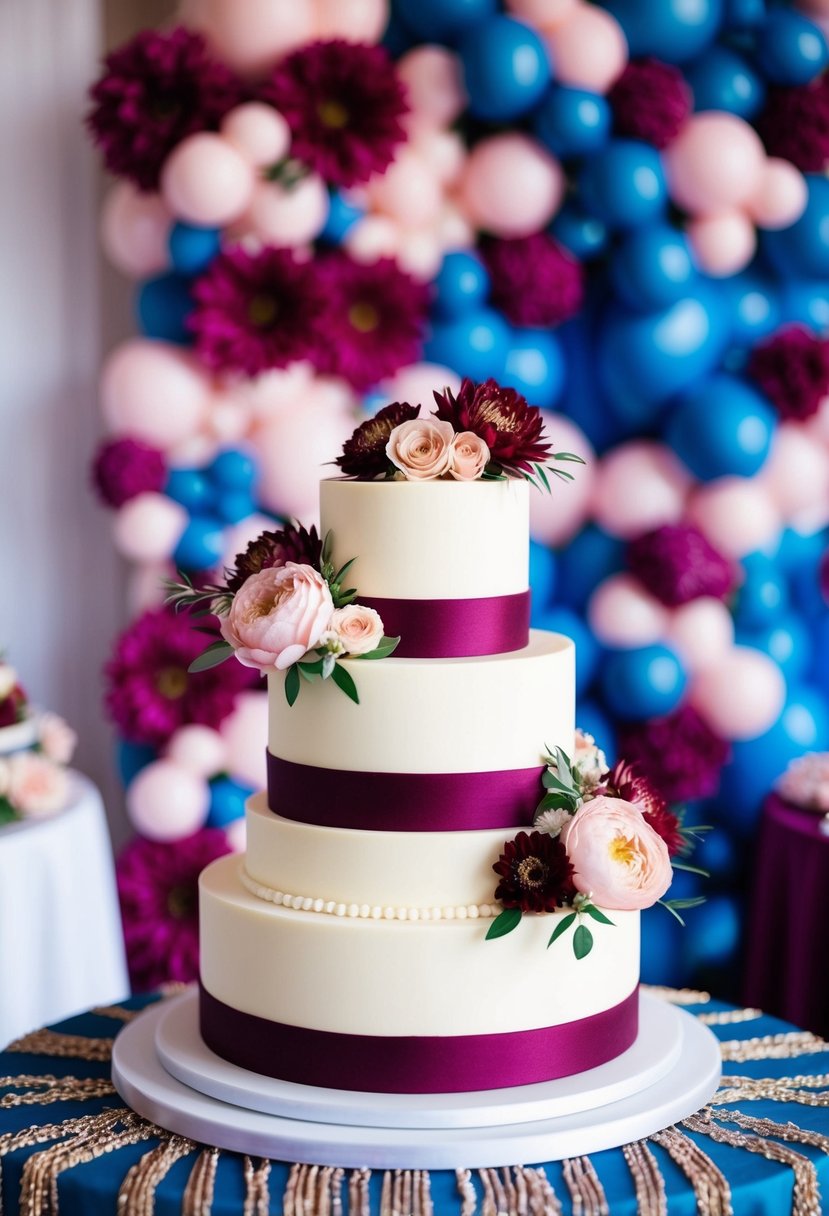 A three-tiered wedding cake adorned with burgundy and blush floral decorations, set against a backdrop of blue and pink decor