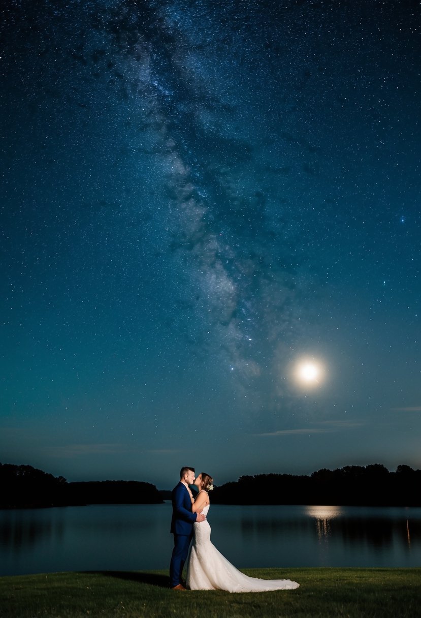 A navy blue and gold wedding scene under a starry night sky with twinkling stars and a shimmering moon reflecting on a calm body of water