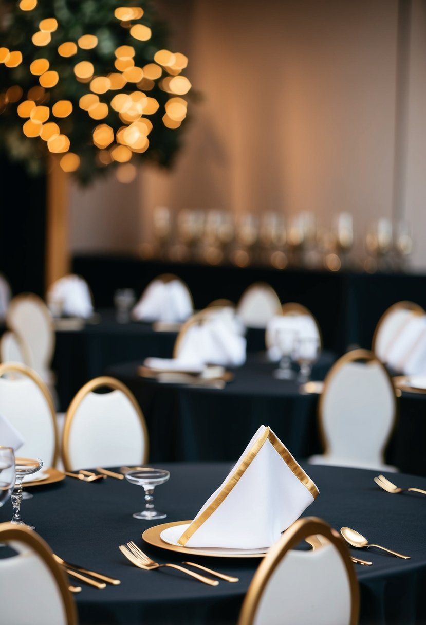 Black tablecloths with gold-edged napkins arranged on a table