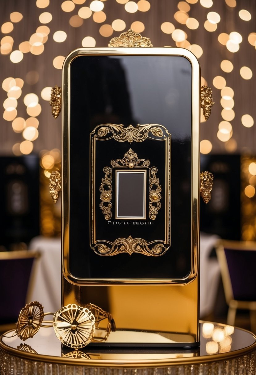 A sleek black and gold photo booth with elegant decor and props