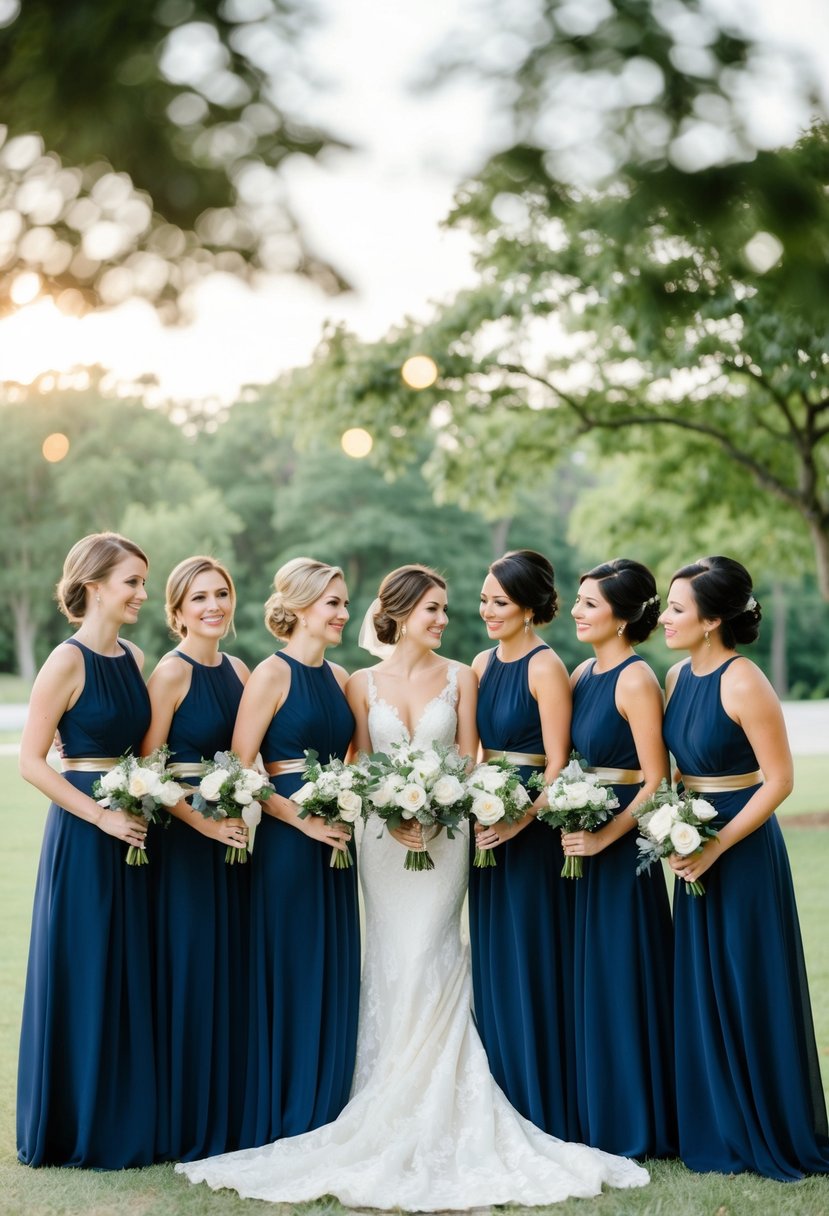 A group of navy blue bridesmaid dresses with gold accents arranged in a wedding setting