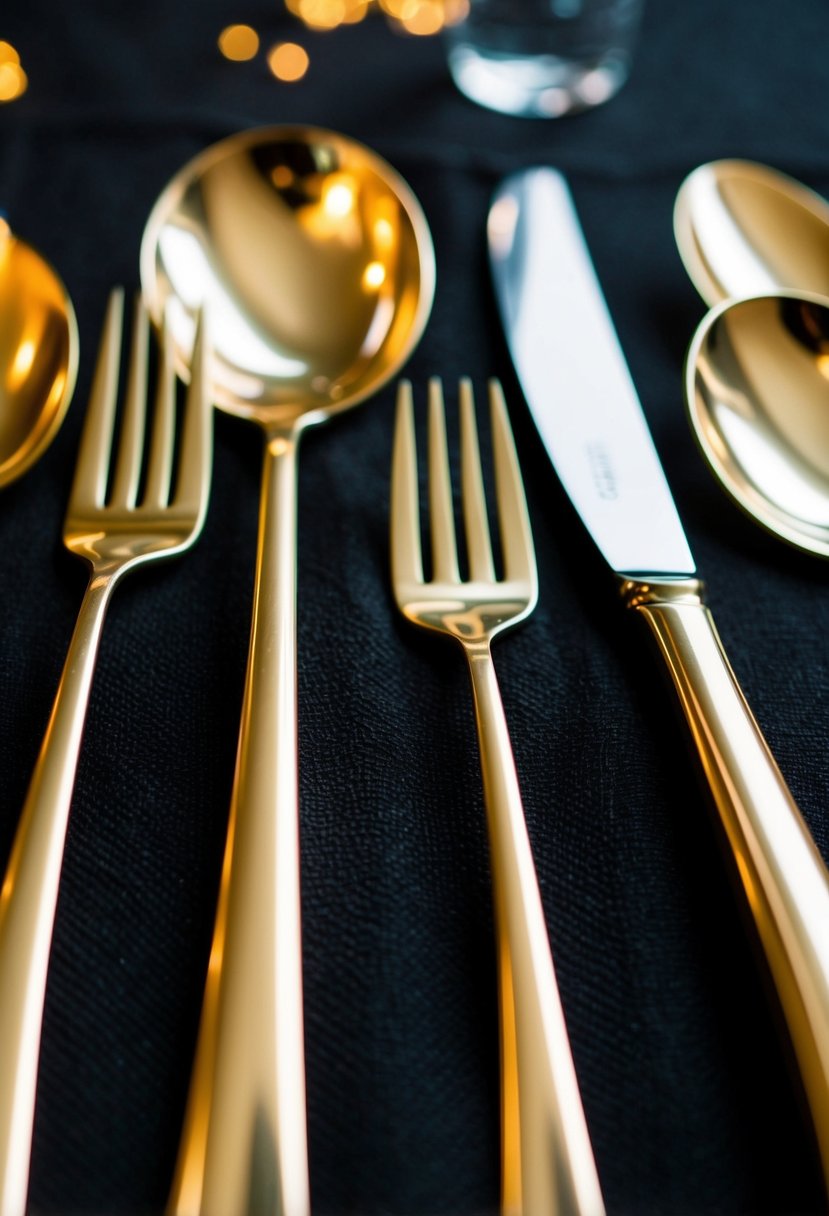 Gold flatware with black handles arranged on a black tablecloth