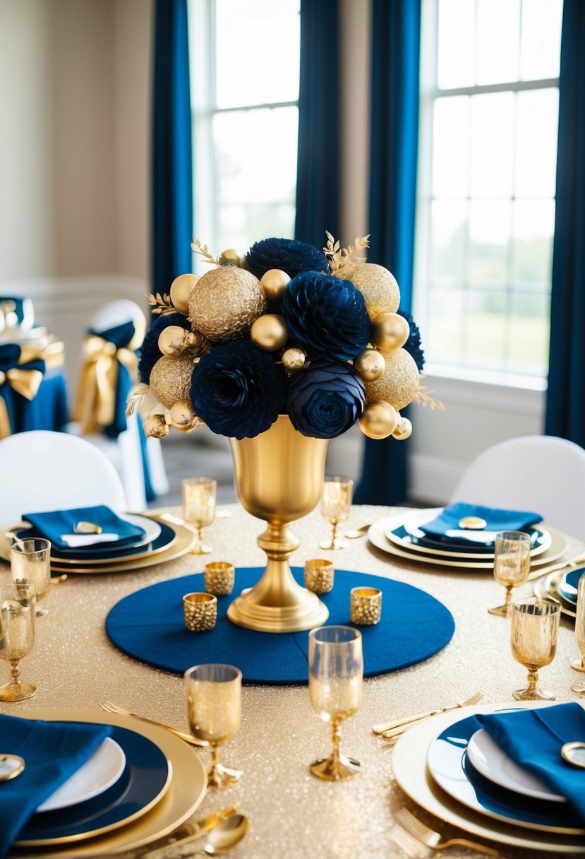 A gold table centerpiece with navy blue accents sits on a table, surrounded by matching gold and navy blue decor