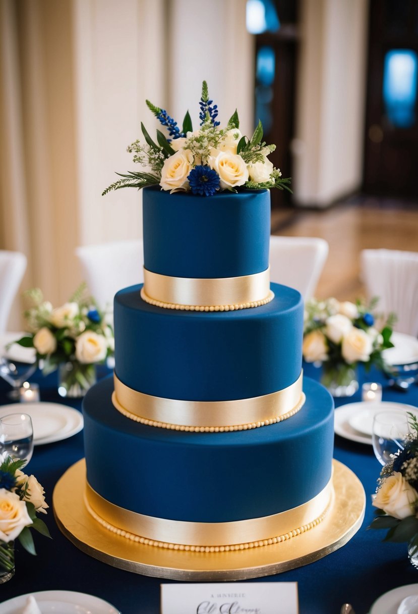 A three-tier navy blue and gold wedding cake surrounded by matching floral arrangements and elegant table settings