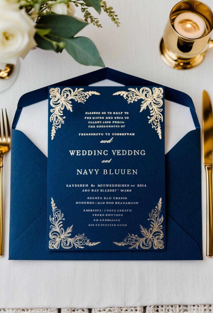 A navy blue and gold wedding invitation with elegant gold accents and intricate details