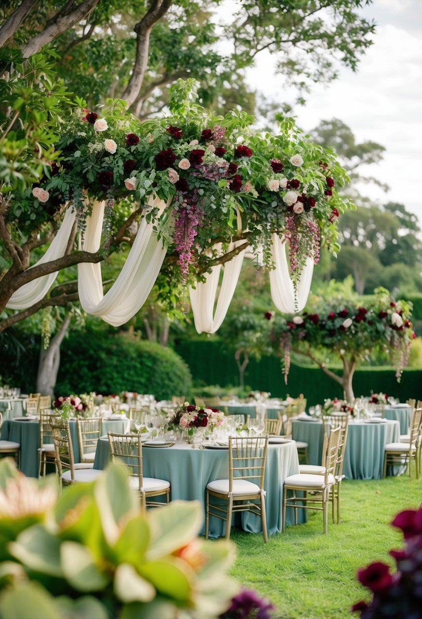 A lush garden adorned with sage green and burgundy flowers, with elegant table settings and flowing fabric draping from the trees