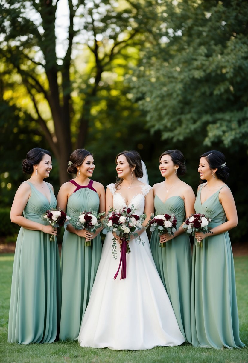 A group of sage green bridesmaid dresses with burgundy accents in a wedding setting