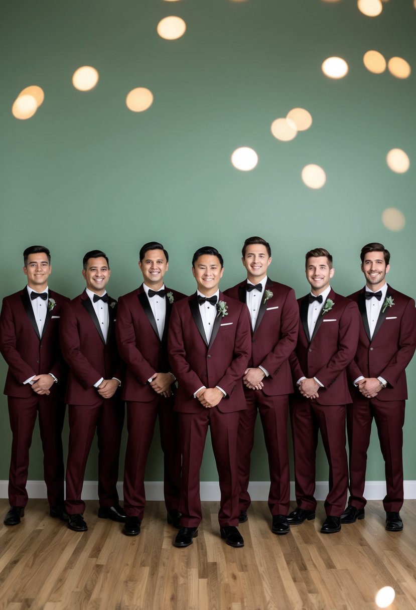 A group of burgundy tuxedos arranged against a sage green background