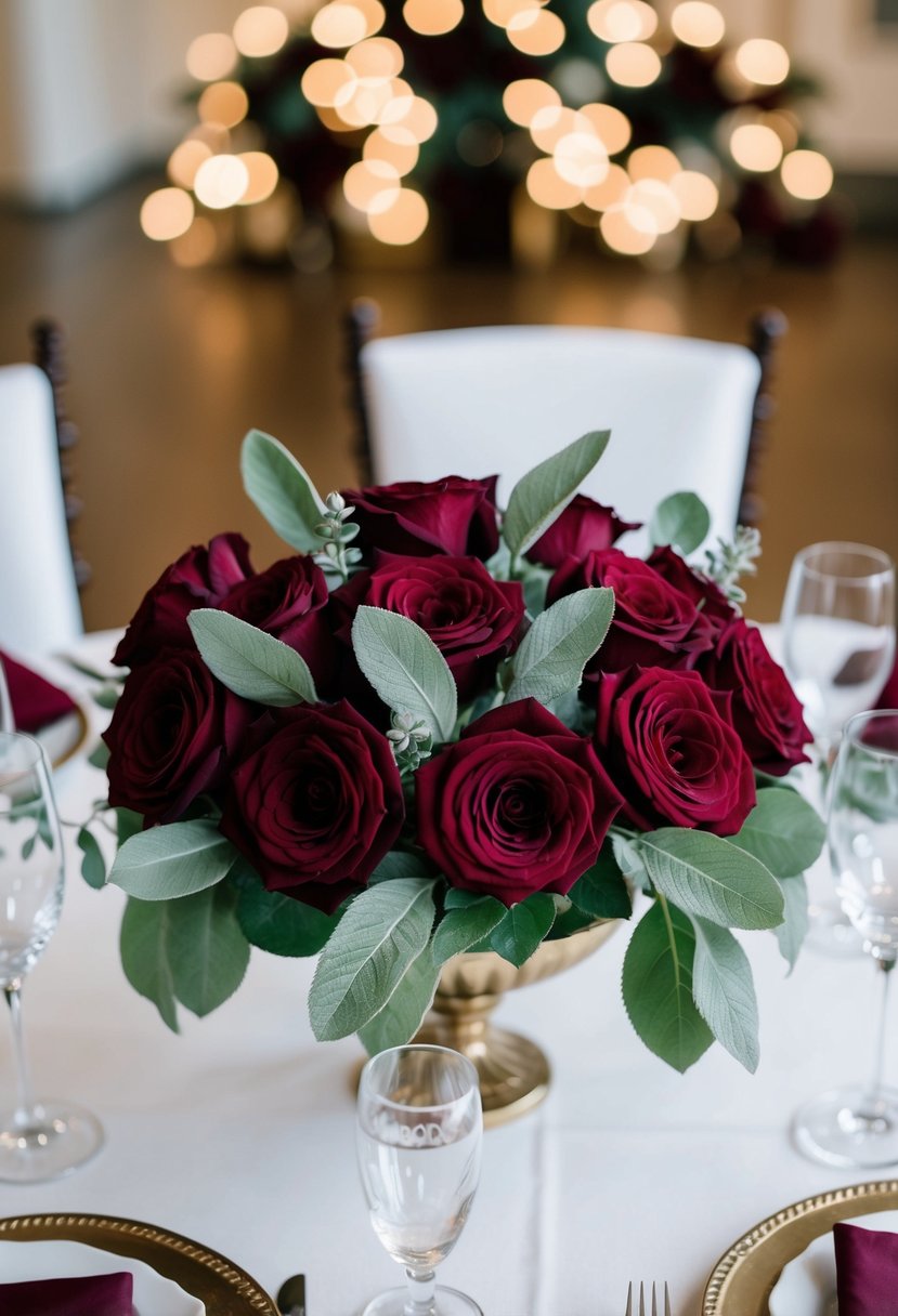 A table adorned with burgundy roses and sage leaves in a floral arrangement