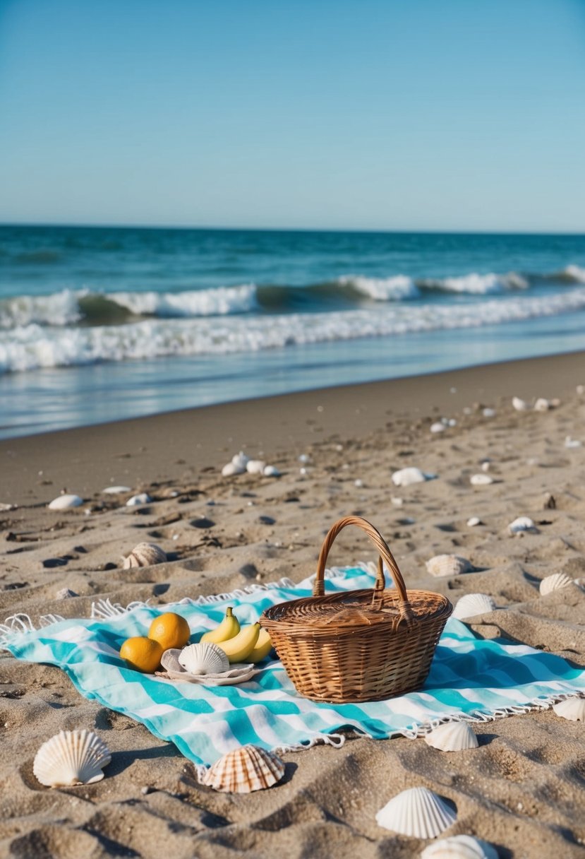 A picnic blanket laid out on a sandy beach, surrounded by seashells and a basket of fruit. Waves gently roll onto the shore under a clear blue sky