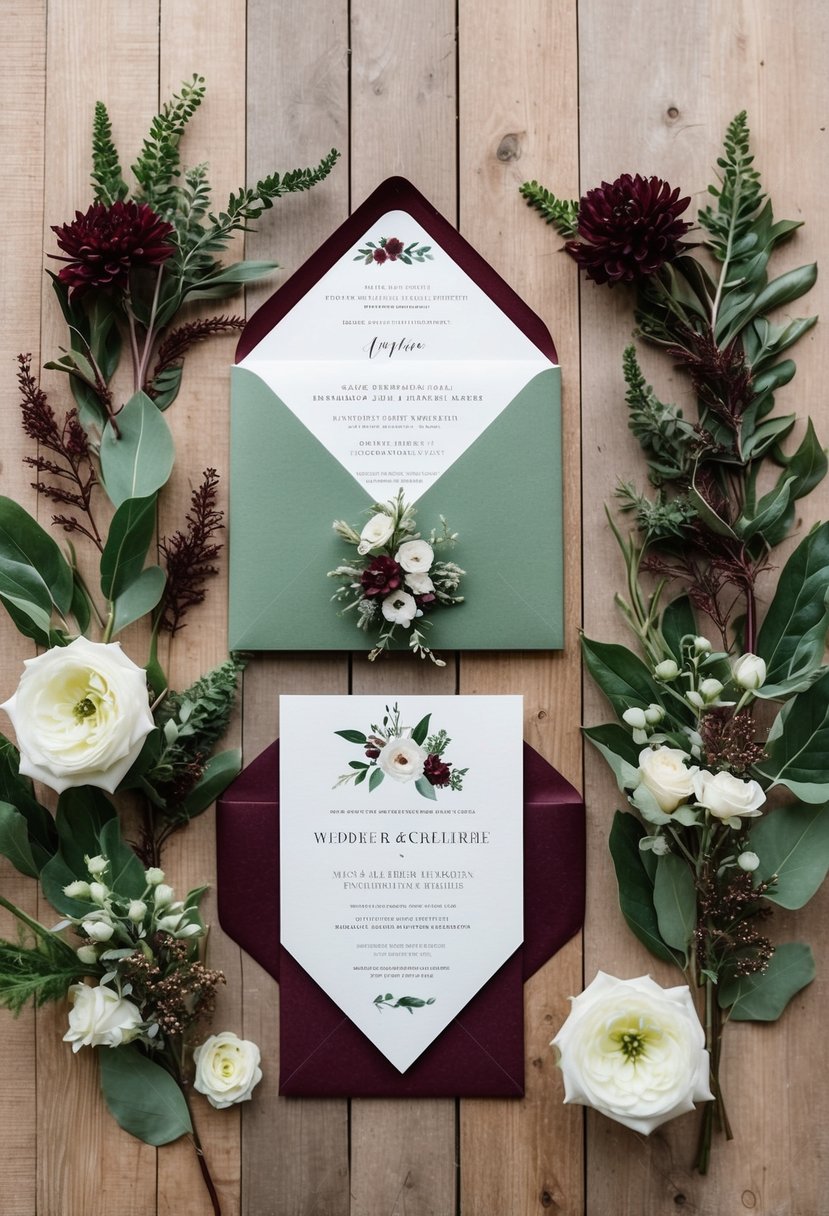 A rustic wedding invitation suite featuring sage green and burgundy colors, with delicate floral and foliage details