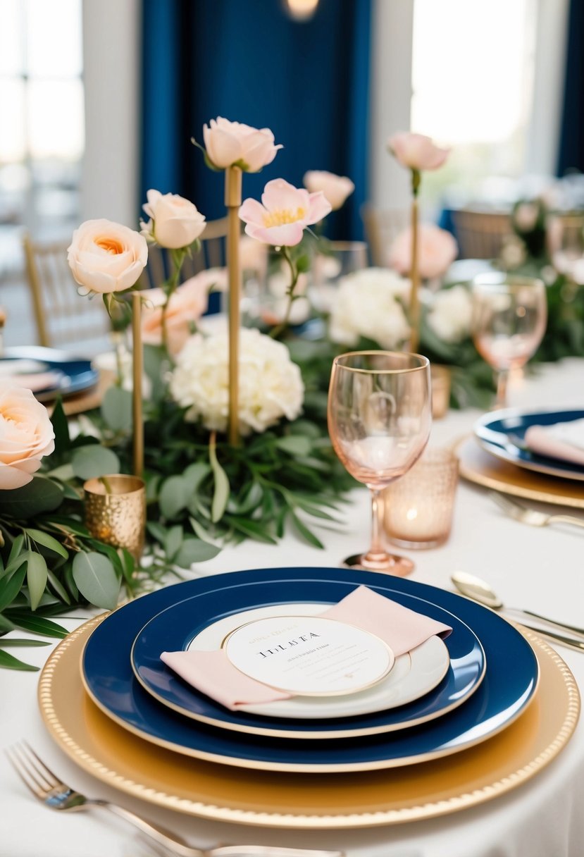 A navy blue and gold wedding table setting with blush accents