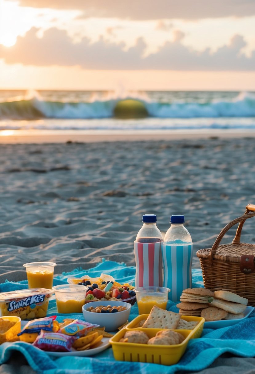 A beach picnic at sunset, with a spread of favorite snacks laid out on a blanket, waves crashing in the background