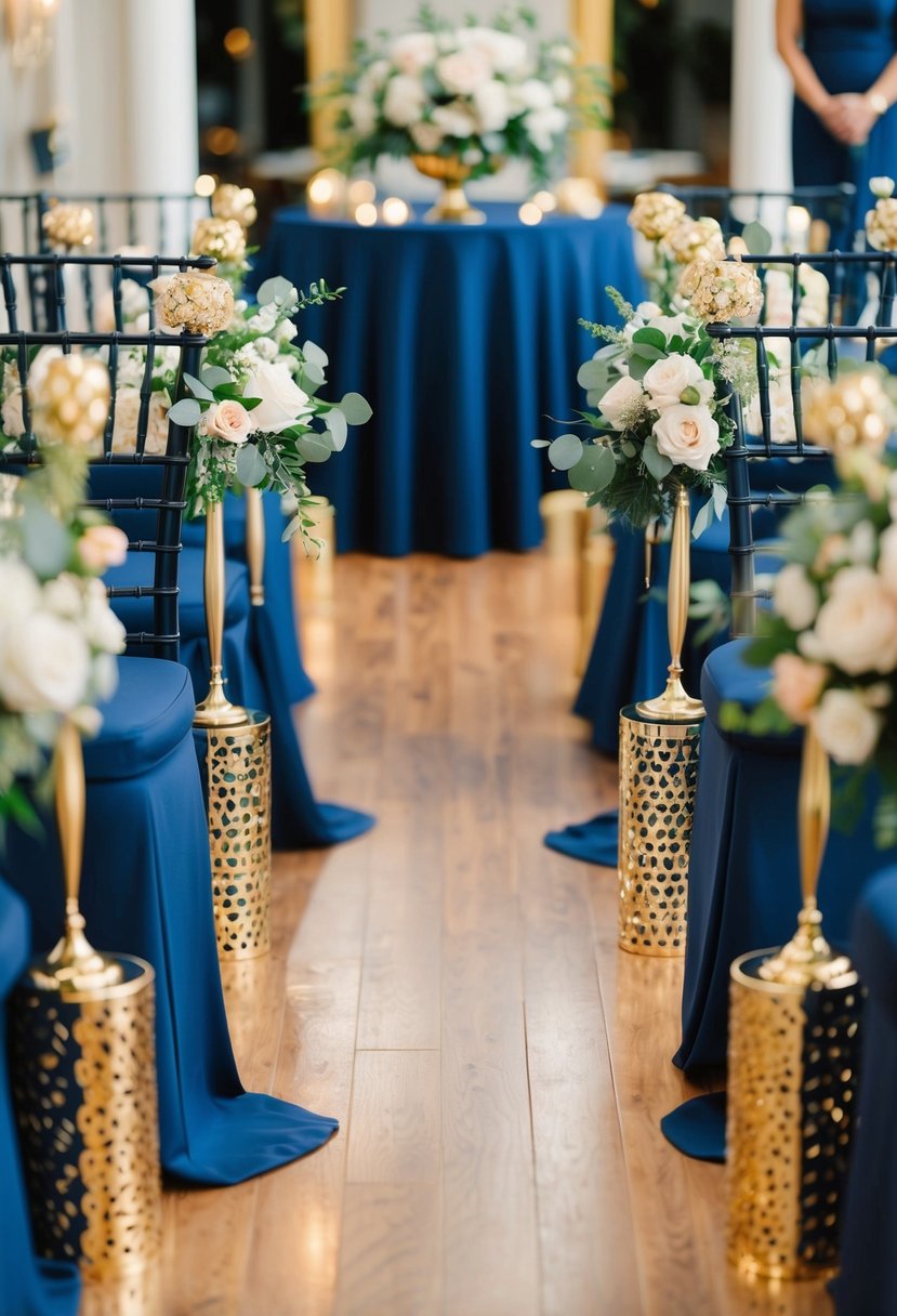 Gold accents adorn a navy blue aisle with floral arrangements and decorative elements for a luxurious wedding setting