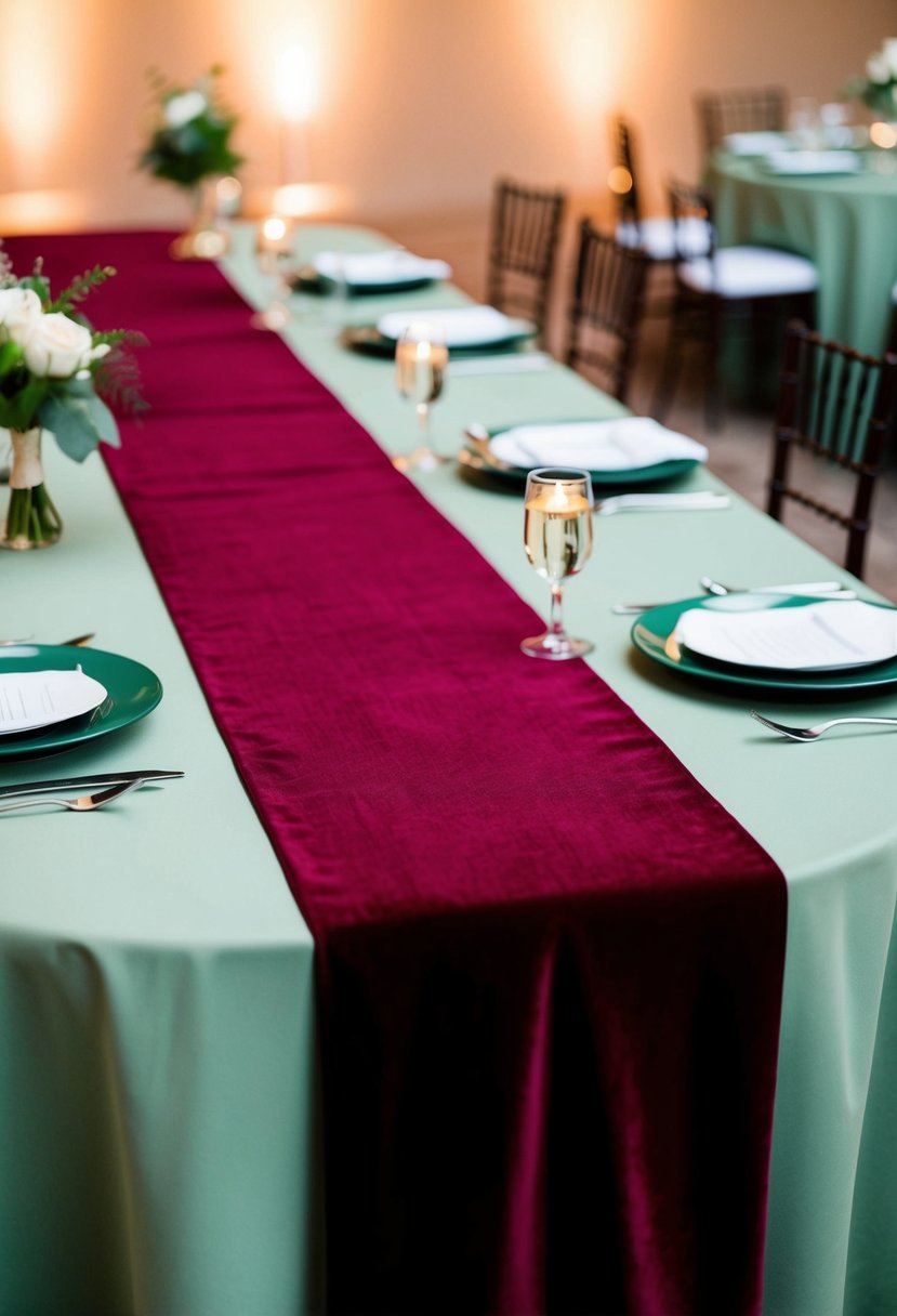 A long burgundy velvet table runner contrasts against a sage green tablecloth, adding elegance to a wedding reception