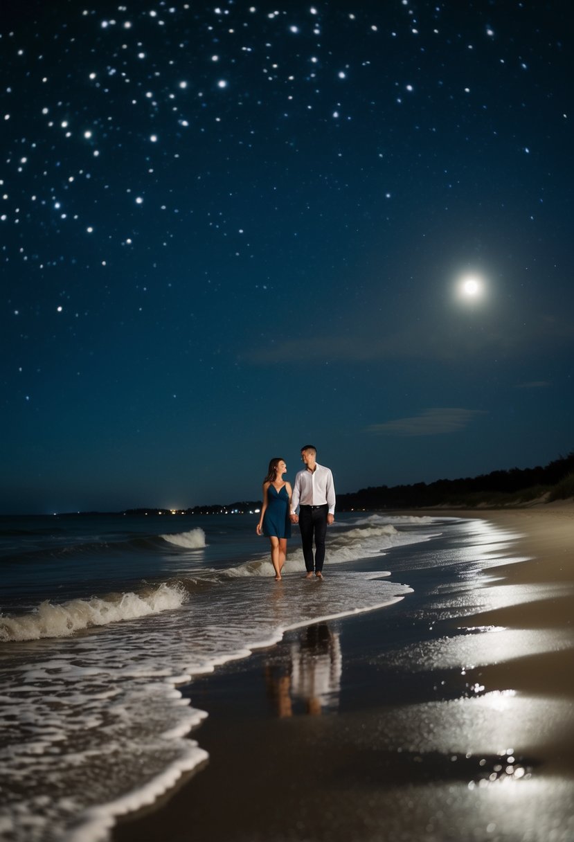 A couple walks along the moonlit water's edge, waves gently lapping the sandy beach, stars sparkling in the night sky