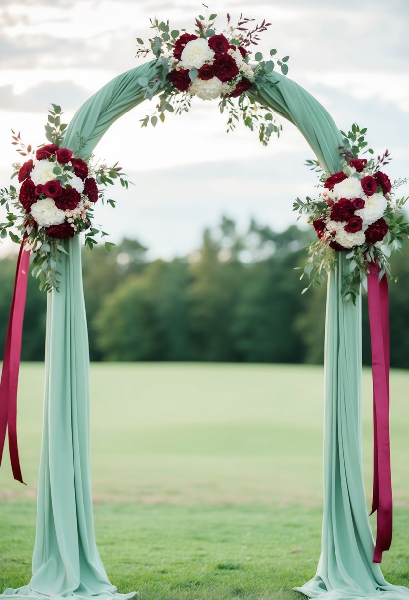 A sage green wedding arch adorned with burgundy flowers and ribbons