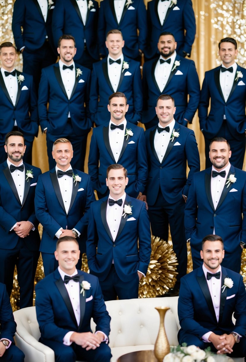 A group of navy blue tuxedos set against a backdrop of gold accents and decor, creating a sophisticated and elegant wedding color scheme