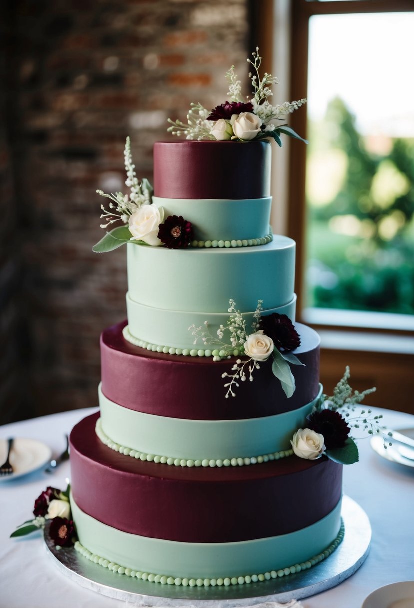 A three-tiered wedding cake in burgundy and sage green, adorned with delicate floral accents and intricate piping designs