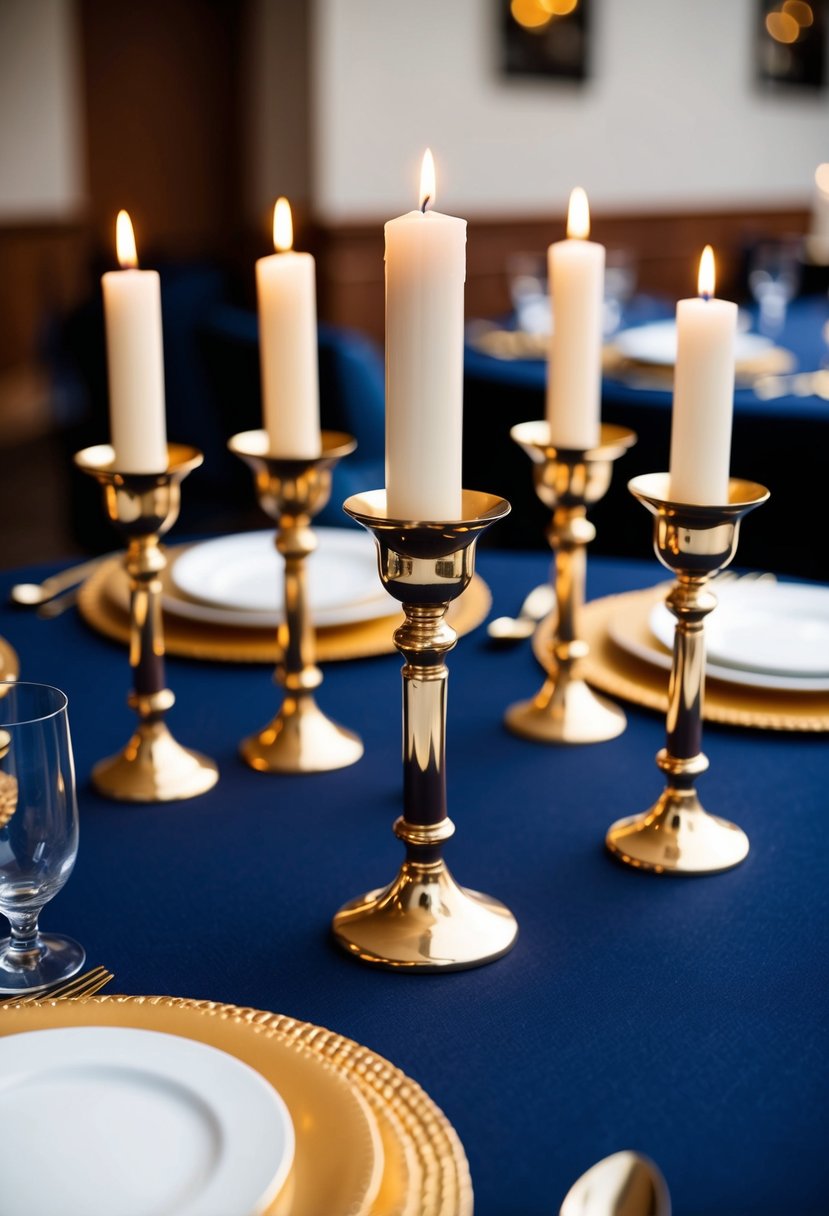 Golden candle holders arranged on navy blue tablecloth with gold accents