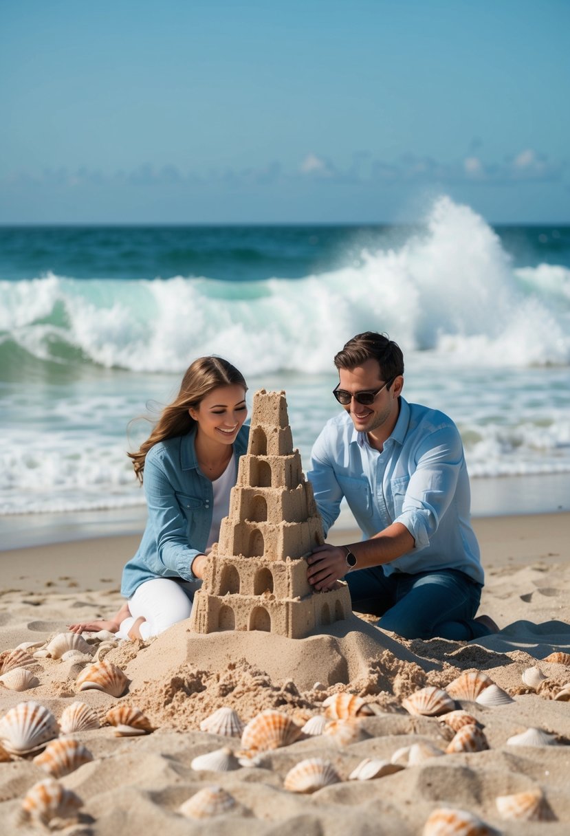 A couple builds sandcastles on a sunny beach, surrounded by seashells and crashing waves