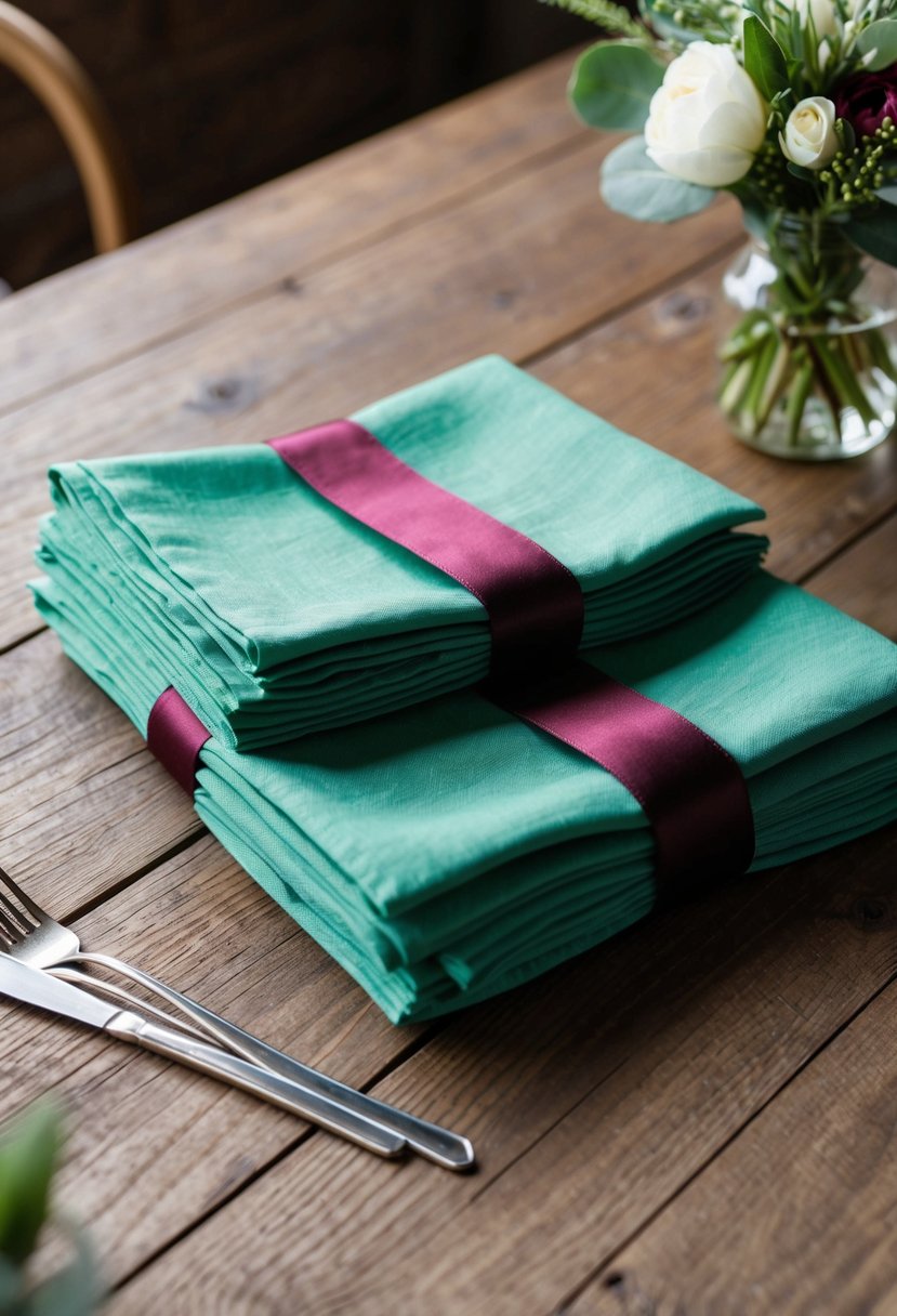 Sage green napkins folded neatly with burgundy ribbon accents on a rustic wooden table