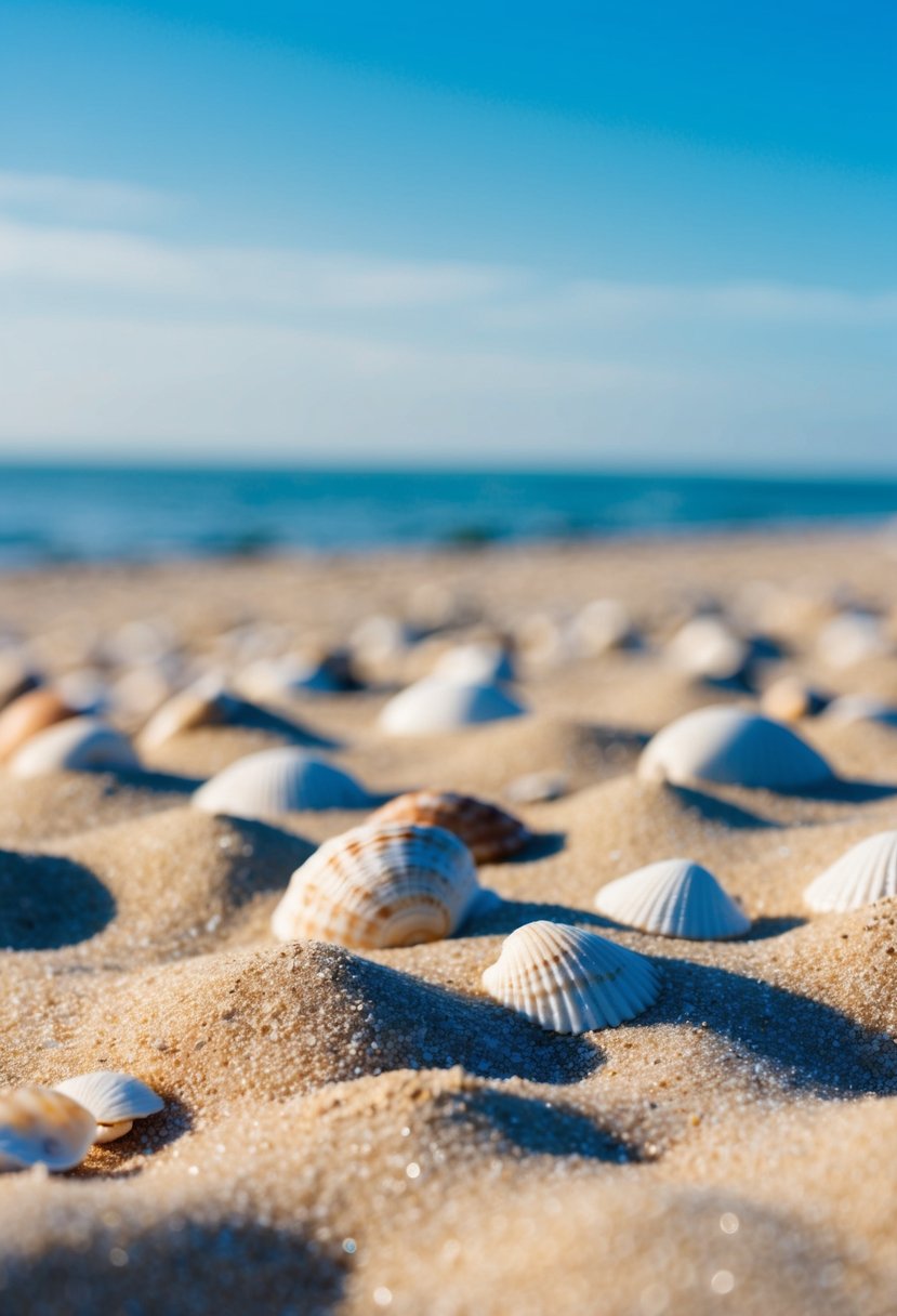 A sandy beach with scattered seashells, a calm ocean in the background, and a clear blue sky above