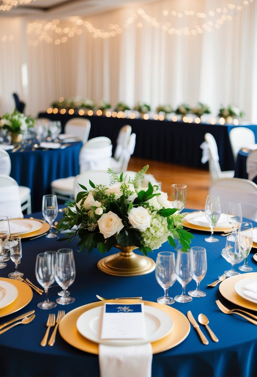 A navy blue and gold wedding table adorned with white and green floral centerpieces