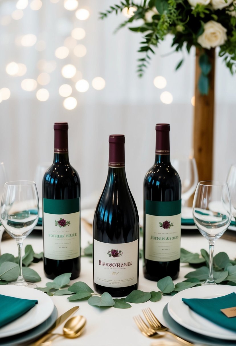 A table set with burgundy wine bottles and sage green accents, surrounded by wedding favors in matching colors